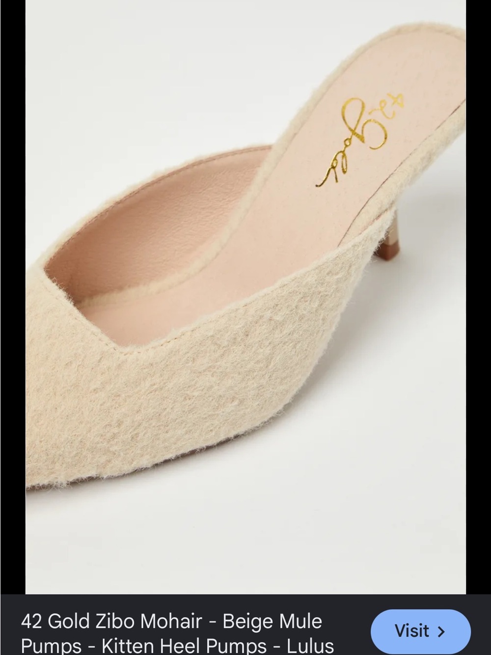 Lulu's 42 Gold Cream Mohair Mule Pumps - Low Kitten Heel